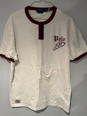 Polo by Ralph Lauren White T-Shirt with Maroon Ringer Trim & Retro Logo